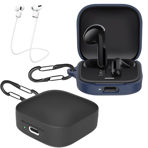 [2-Pack] easyBee Hülle Kompatibel mit Xiaomi Redmi Buds 6 Active Earbuds, mit 2 Karabiner Anti-Verlust-Gurte, Flüssiges Silikon Case Stoßfest Schutzhülle Bluetooth Kopfhörer Tasche - Schwarz Blau von easyBee