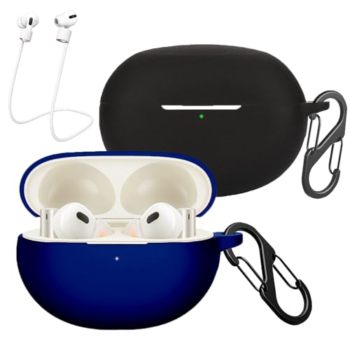 [2-Pack] easyBee Hülle Kompatibel mit realme Buds Air 5 Pro, mit 2 Karabiner 2 Anti-Verlust-Gurte, Flüssiges Silikon Case Ultradünn Stoßfest Schutzhülle Kopfhörer Tasche - Schwarz Blau von easyBee