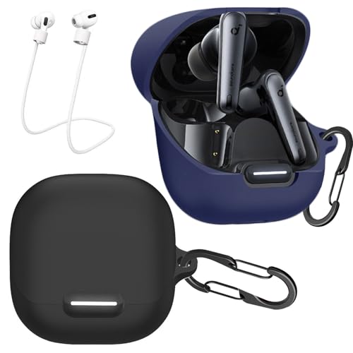 [2-Pack] easyBee Hülle Kompatibel mit Soundcore Liberty 4 NC, mit 2 Karabiner 2 Anti-Verlust-Gurte, Flüssiges Silikon Case Ultradünn Stoßfest Schutzhülle Kopfhörer Tasche - Schwarz Blau von easyBee