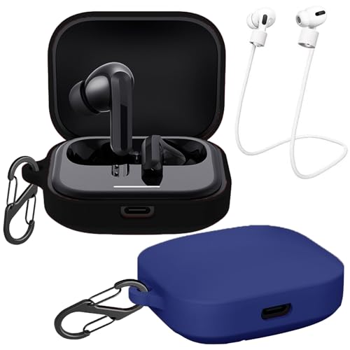 easyBee [2-Pack] Hülle Kompatibel mit Xiaomi Redmi Buds 5, mit 2 Karabiner 2 Anti-Verlust-Gurte, Flüssiges Silikon Case Ultradünn Stoßfest Schutzhülle Bluetooth Kopfhörer Tasche - Schwarz und Blau von easyBee