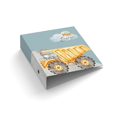 Ringordner | Ordner | mit Name + Text personalisiert | Dumper | Radlader | Zeugnisse | Mit Griffloch | für DIN A4 | 7,4 cm breit | Füllhöhe 55 mm | Baustelle | Bagger von easyprint