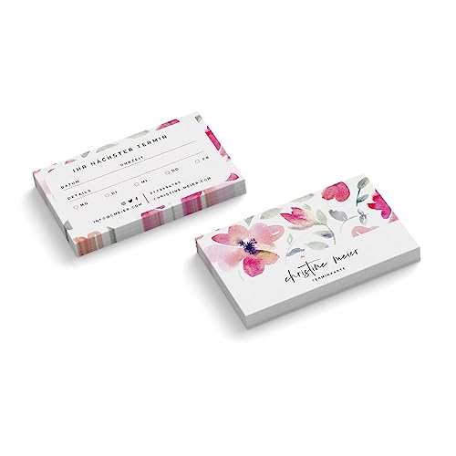 Terminkarten personalisieren | Pinke Blumen | 2-seitig | Querformat | Menge wählbar | Terminzettel | nächster Termin | Nagelstudio | Fußpflege | Wellness | Pflege | Flower (500 Stück) von easyprint