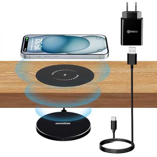 Eazpower Invisible Wireless Charger Unsichtbares drahtloses Kabelloses Ladegerät, 8-30mm Versteckt Unter dem Tisch Magnetic Ladepad für iPhone 15/14/13/12, Samsung S23/S22/S21/S20 von eazpower