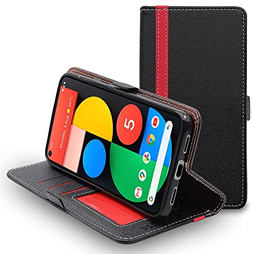 ebestStar - Hülle für Google Pixel 5, Handyhülle, Kunstleder Wallet Case, [PU Leder], Kartenfächer, Schwarz/Rot von ebestStar