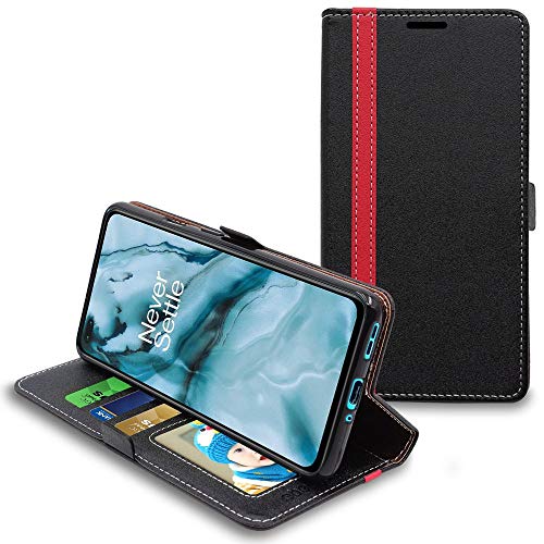 ebestStar - Hülle für OnePlus Nord, Handyhülle, Kunstleder Wallet Case, [PU Leder], Kartenfächer, Schwarz/Rot von ebestStar