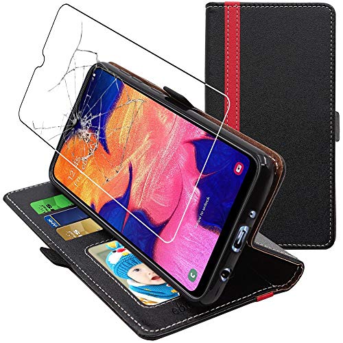 ebestStar - Hülle für Samsung Galaxy A10 SM-A105F, Handyhülle, Kunstleder Wallet Case, [PU Leder], Kartenfächer, Schwarz/Rot + Panzer Schutz Glas von ebestStar