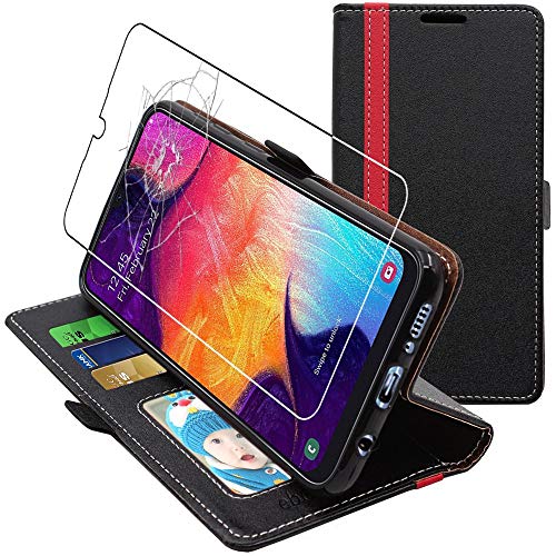 ebestStar - Hülle für Samsung Galaxy A30 SM-A305F, Handyhülle, Kunstleder Wallet Case, [PU Leder], Kartenfächer, Schwarz/Rot + Panzer Schutz Glas von ebestStar