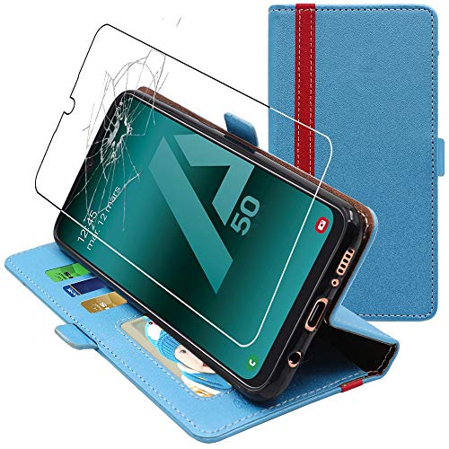 ebestStar - Hülle für Samsung Galaxy A50 SM-A505F, Handyhülle, Kunstleder Wallet Case, [PU Leder], Kartenfächer, Blau/Rot + Panzer Schutz Glas von ebestStar