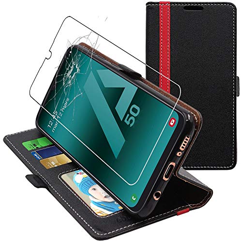 ebestStar - Hülle für Samsung Galaxy A50 SM-A505F, Handyhülle, Kunstleder Wallet Case, [PU Leder], Kartenfächer, Schwarz/Rot + Panzer Schutz Glas von ebestStar