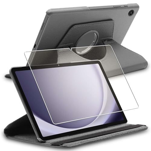 ebestStar - Hülle für Samsung Galaxy Tab A9+ SM-X210 (2023), Drehbar Schutzhülle, PU-Lederhülle, Rotierende Ständer Etui, Rotating Case Cover, Grau + Panzer Schutz Glas von ebestStar