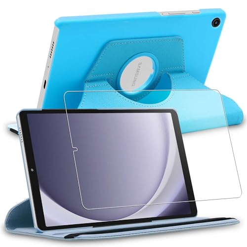 ebestStar - Hülle für Samsung Galaxy Tab A9 8.7 SM-X110 (2023), Drehbar Schutzhülle, PU-Lederhülle, Rotierende Ständer Etui, Rotating Case Cover, Blau + Panzer Schutz Glas von ebestStar
