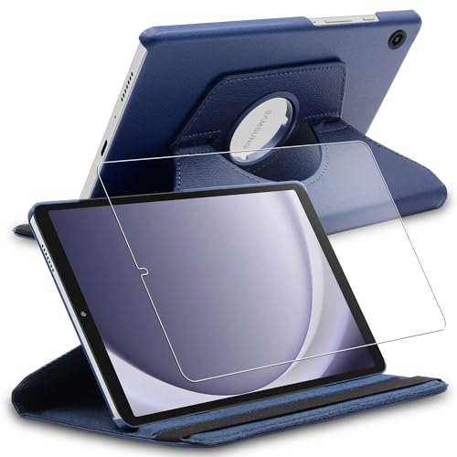 ebestStar - Hülle für Samsung Galaxy Tab A9 8.7 SM-X110 (2023), Drehbar Schutzhülle, PU-Lederhülle, Rotierende Ständer Etui, Rotating Case Cover, Dunkelblau + Panzer Schutz Glas von ebestStar