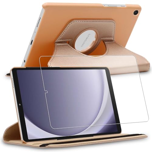ebestStar - Hülle für Samsung Galaxy Tab A9 8.7 SM-X110 (2023), Drehbar Schutzhülle, PU-Lederhülle, Rotierende Ständer Etui, Rotating Case Cover, Gold + Panzer Schutz Glas von ebestStar