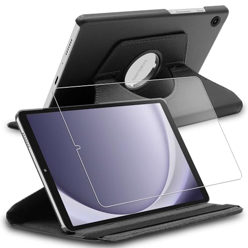 ebestStar - Hülle für Samsung Galaxy Tab A9 8.7 SM-X110 (2023), Drehbar Schutzhülle, PU-Lederhülle, Rotierende Ständer Etui, Rotating Case Cover, Schwarz + Panzer Schutz Glas von ebestStar
