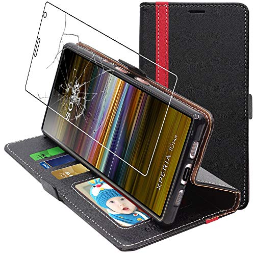 ebestStar - Hülle für Sony Xperia 10 Plus (2019), Handyhülle, Kunstleder Wallet Case, [PU Leder], Kartenfächer, Schwarz/Rot + Panzer Schutz Glas von ebestStar