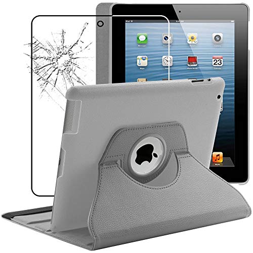 ebestStar - Hülle für iPad 4 Retina, iPad 3, iPad 2, Drehbar Schutzhülle, PU-Lederhülle, Rotierende Ständer Etui, Rotating Case Cover, Grau + Panzer Schutz Glas von ebestStar