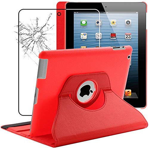 ebestStar - Hülle für iPad 4 Retina, iPad 3, iPad 2, Drehbar Schutzhülle, PU-Lederhülle, Rotierende Ständer Etui, Rotating Case Cover, Rot + Panzer Schutz Glas von ebestStar