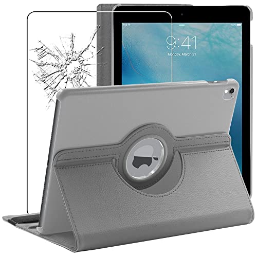 ebestStar - Hülle für iPad Pro 9.7 (2016), Drehbar Schutzhülle, PU-Lederhülle, Rotierende Ständer Etui, Rotating Case Cover, Grau + Panzer Schutz Glas von ebestStar
