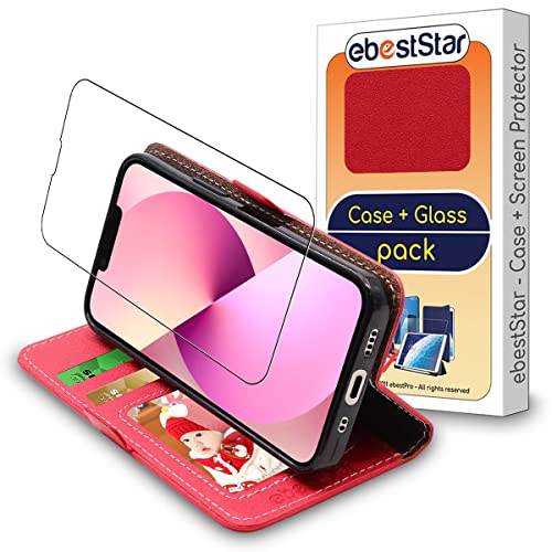 ebestStar - Hülle für iPhone 14, iPhone 13, Handyhülle, Kunstleder Wallet Case, [PU Leder], Kartenfächer, Rot + Panzer Schutz Glas von ebestStar