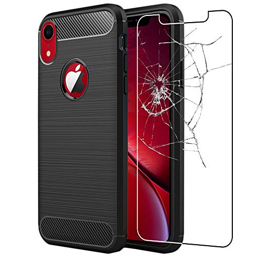 ebestStar - Hülle für iPhone XR, Silikon Handyhülle Cover, Carbon Fiber Texture Schutzhülle, Schwarz + Panzer Schutz Glas von ebestStar