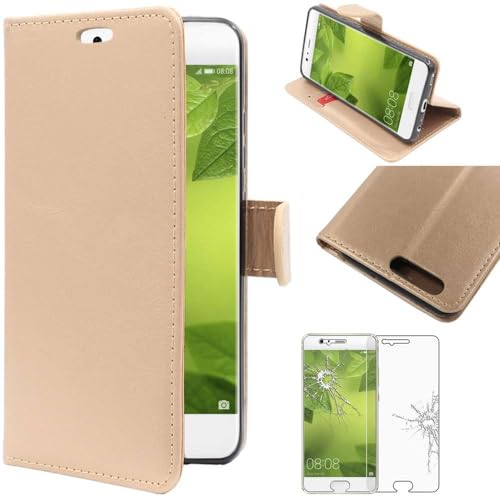 ebestStar - kompatibel mit Huawei P10 Hülle Kunstleder Wallet Case Handyhülle (PU Leder), Kartenfächern, Standfunktion, Gold + Panzer Schutz Glas von ebestStar