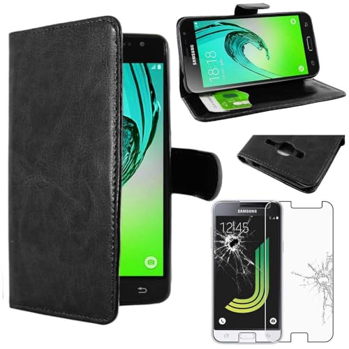 ebestStar - kompatibel mit Samsung Galaxy J3 2016 Hülle SM-J320F Kunstleder Wallet Case Handyhülle (PU Leder), Kartenfächern, Standfunktion, Schwarz + Panzer Schutz Glas von ebestStar