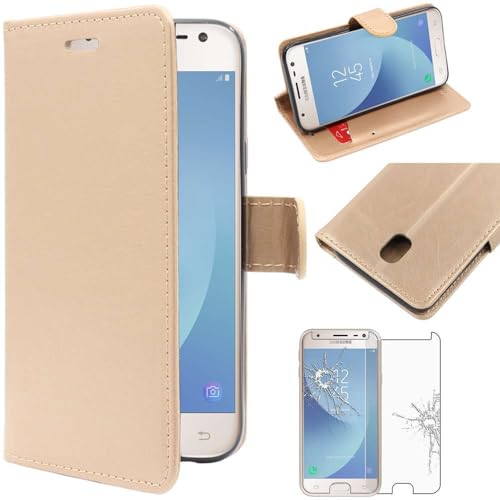 ebestStar - kompatibel mit Samsung Galaxy J3 2017 Hülle SM-J330F Kunstleder Wallet Case Handyhülle (PU Leder), Kartenfächern, Standfunktion, Gold + Panzer Schutz Glas von ebestStar