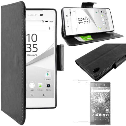 ebestStar - kompatibel mit Sony Xperia Z5 Hülle Z5/Z5 Dual Kunstleder Wallet Case Handyhülle (PU Leder), Kartenfächern, Standfunktion, Schwarz + Panzer Schutz Glas von ebestStar