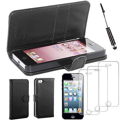 ebestStar - kompatibel mit iPhone SE Hülle iPhone 5 5S Kunstleder Wallet Case Handyhülle [PU Leder], Kartenfächern, Standfunktion + Mini Stift +3 Schutzfolies, Schwarz [iPhone: 123.8x58.6x7.6mm 4.0"] von ebestStar