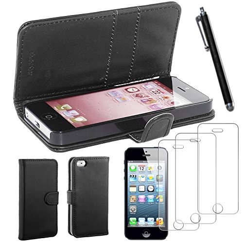 ebestStar - kompatibel mit iPhone SE Hülle iPhone 5 5S Kunstleder Wallet Case Handyhülle [PU Leder], Kartenfächern, Standfunktion + Stift +3 Schutzfolies, Schwarz [iPhone: 123.8x58.6x7.6mm, 4.0''] von ebestStar