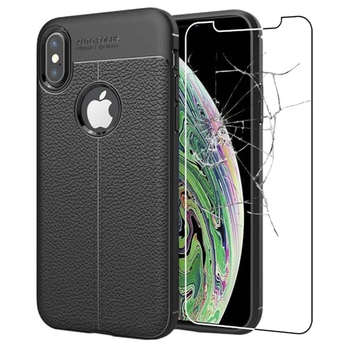 ebestStar - kompatibel mit iPhone XS Max Hülle Lederhülle Design TPU Handyhülle Schutzhülle, Flex Silikon Case, Schwarz + Panzer Schutz Glas von ebestStar