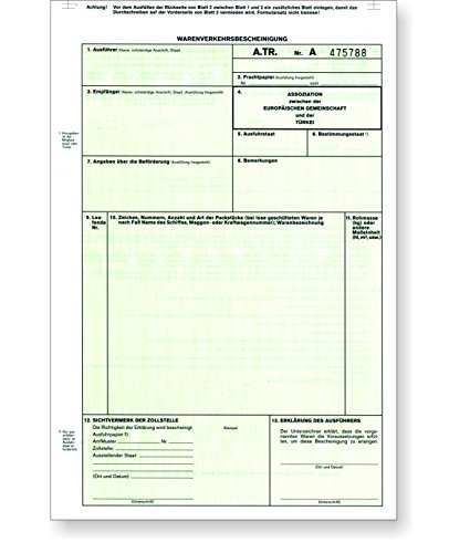 100 x A.TR. / ATR Warenverkehrsbescheinigung Türkei 2-fach selbstdurchschreibend als Trennsatz von ebs Versand