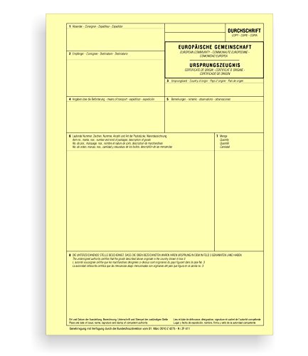 100 x Durchschrift zum Ursprungszeugnis 1-teilig, Einzelblatt/gelbe Kopie für Laser- und Inkjetdrucker, von ebs Versand