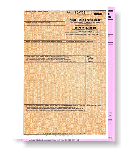 100 x Ursprungszeugnis 2-teilig, Original und rosa Antrag für Laser- und Inkjetdrucker, nummeriert, Ursprungszeugnisse von ebs Versand