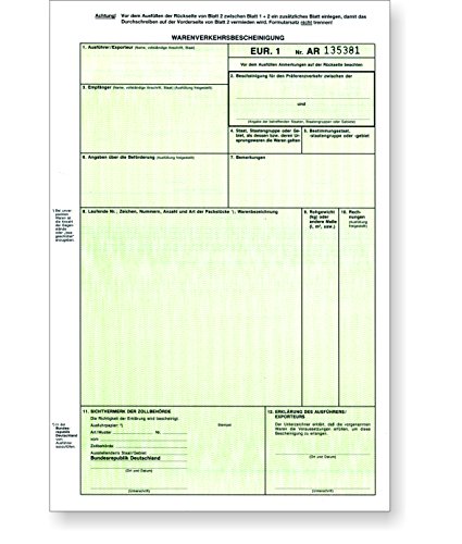 ebs Versand - 50 x EUR.1 / EUR1 Zollformulare 2-fach selbstdurchschreibend als Trennsatz DIN A4 (210 x 297 mm) plus 18 mm Trennleiste am Kopf, Grün, Papier von ebs Versand