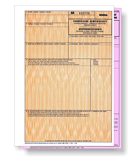 50 x Ursprungszeugnis 2-teilig = 100 Blatt, Original und rosa Antrag für Laser- und Inkjetdrucker, nummeriert, Ursprungszeugnisse von ebs Versand