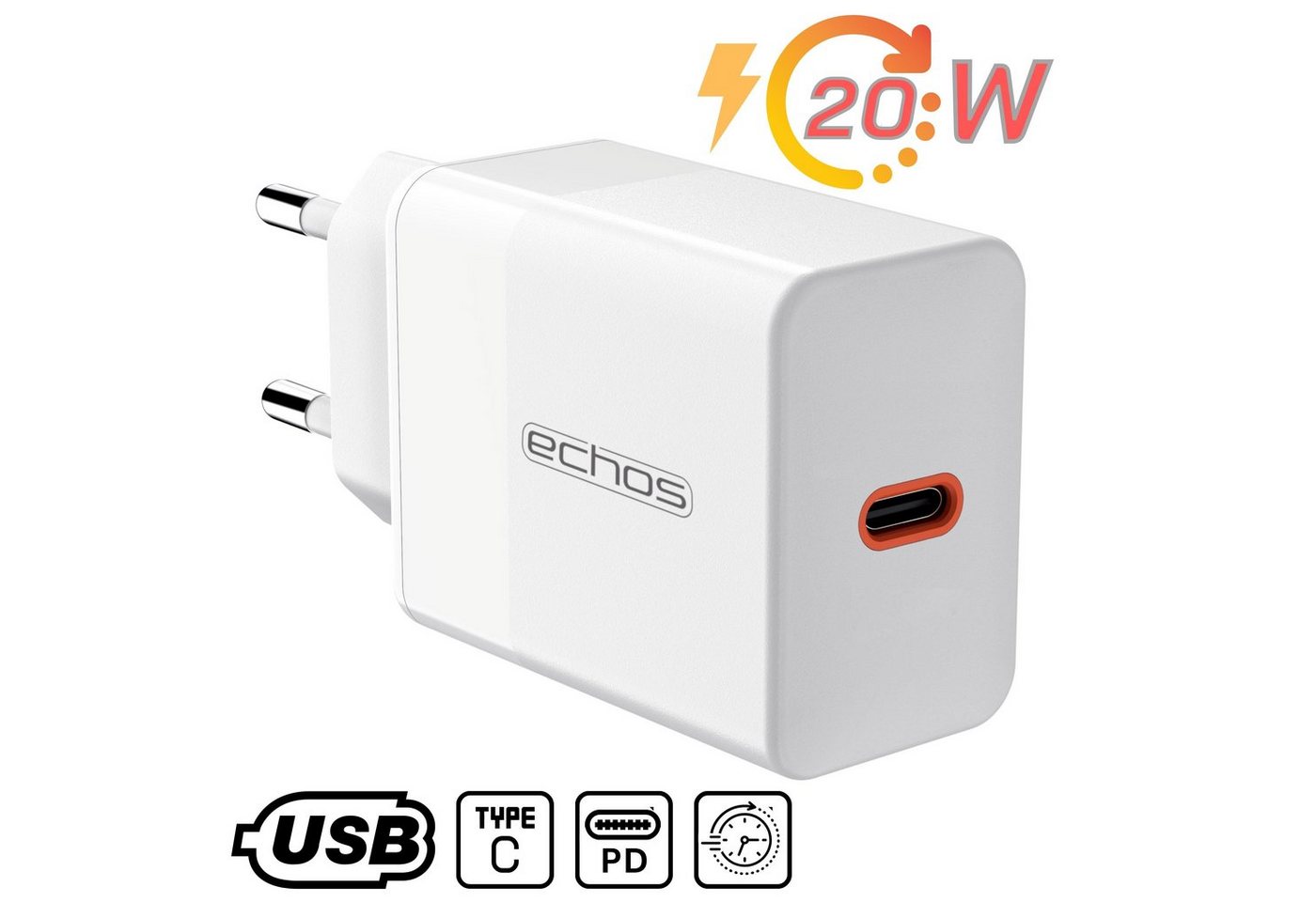 echos Eco-4040 Smartphone-Ladegerät (Set, 20 Watt Schnellladegerät,USB-C,PD,PPS) von echos