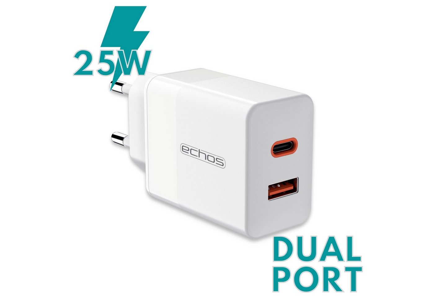 echos Eco-4042 Schnelllade-Gerät (Set, 25 Watt Schnellladegerät, Dualport, USB-C + USB-A, QC3.0, PD, PPS) von echos