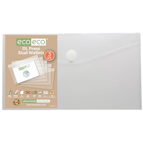 eco-eco DL 95% recycelte Klarsichthülle mit Druckknopf, Kunststoff-Ordner (5 Stück), eco156 von eco-eco Stationery