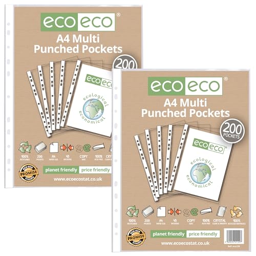 eco-eco Klarsichthüllen, A4, 100% recycelt, mehrfach gelocht, glasklar, transparent, Poly-Brieftasche, 45 Mikron, 200 Hüllen, eco129 x 2, 400 Hüllen eco-eco Klarsichthüllen, A4, 100% recycelt, mehrfach gelocht, glasklar, transparent, Poly-Brieftasche, 45 Mikron, 200 Hüllen, eco129 x 2, 400 Hüllen von eco-eco