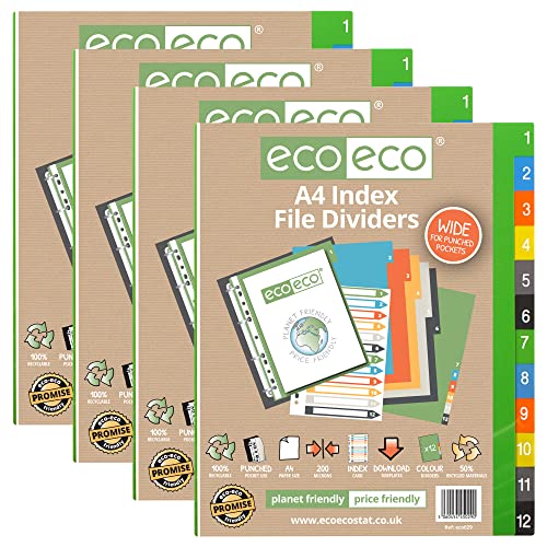 eco-eco A4, 50% recycelt, mehrfach gelocht, verstärkte Farbe, Recycling-Set, 12 breite Register 200 g/m², 4 Stück, eco029x4 von eco-eco