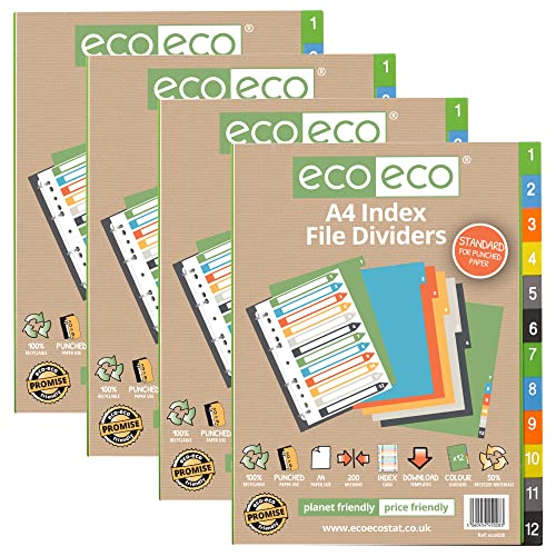 eco-eco A4, 50% recycelt, mehrfach gelocht, verstärkte Farbe, recyceltes Set, 12 Register 200 g/m², 4 Stück, eco028x4 von eco-eco