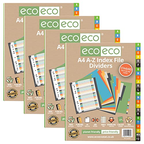 eco-eco A4, 50% recycelt, mehrfach gelocht, verstärkte Farbe, recyceltes Set, 24 A-Z, 200 g/m², eco030x4 von eco-eco