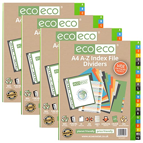 eco-eco A4, 50% recycelt, mehrfach gelocht, verstärkte Farbe, recyceltes Set, 24 A-Z, breite Register 200 g/m², 4 Stück, eco031x4 von eco-eco