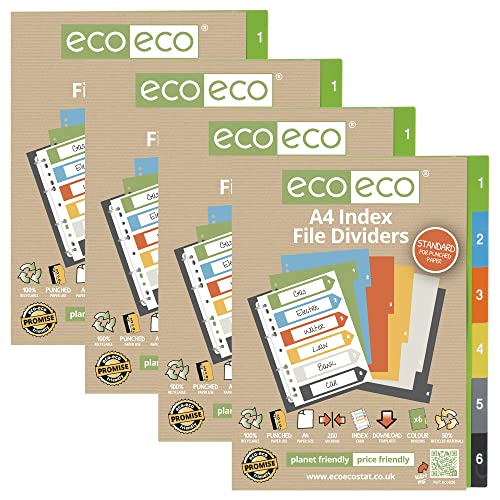 eco-eco A4, 50% recycelt, mehrfach gelocht, verstärkte Farbe, recyceltes Set, 6 Register 200 mic (4 Stück), eco026x4, Standard von eco-eco