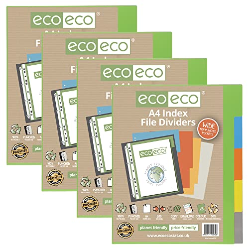 eco-eco A4, 50% recycelt, mehrfach gelocht, verstärkte Farben, 5 extra breite Fächerregister 200 g/m², 4 Stück von eco-eco