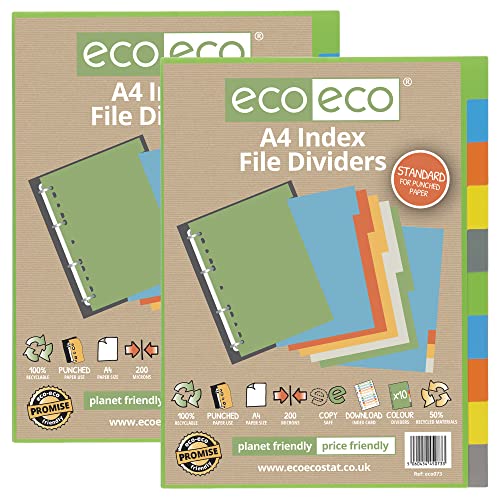 eco-eco A4 50% recycelte, mehrfach gelochte verstärkte Farb-Set, 10 Register für Register 200 mic (2 Stück) eco073x2 von eco-eco