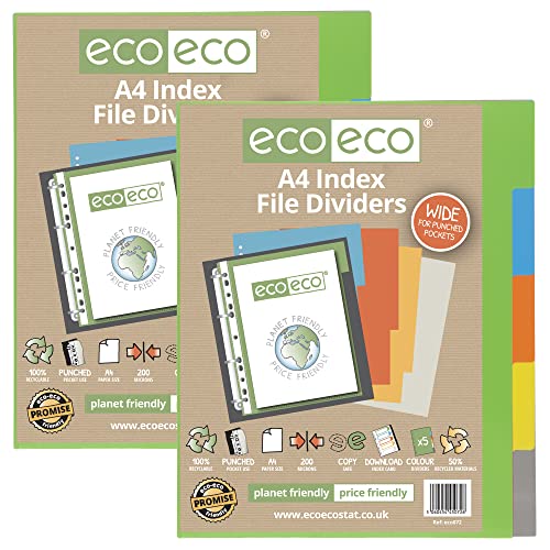 eco-eco A4 50% recycelte, mehrfach gelochte verstärkte Farb-Set, 5 extra breite Register 200 mic (2 Stück) eco072x2 von eco-eco