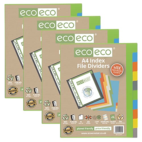 eco-eco A4 50% recyceltes Multigelochtes verstärktes Farbset 10 extra breite Fächerregister 200 g/m² (4 Stück) von eco-eco