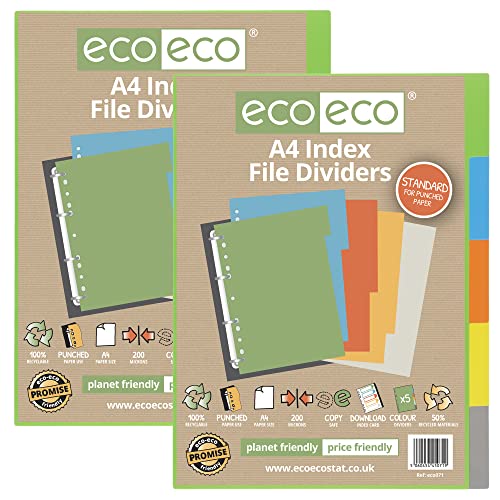 eco-eco A4 50% recyceltes Multigelochtes verstärktes Farbset 5 Fächerregister 200 g/m² (2 Stück) von eco-eco